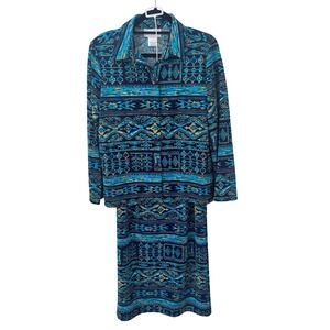 Susan Graver Style Small Skirt Set Aztec Button Top Blue Green Resort Vacation‎